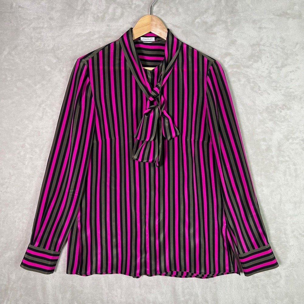 Akris Punto Neon Pink Silk Stripe Neck Tie Blouse Sz 8 Mulberry‎ Silk